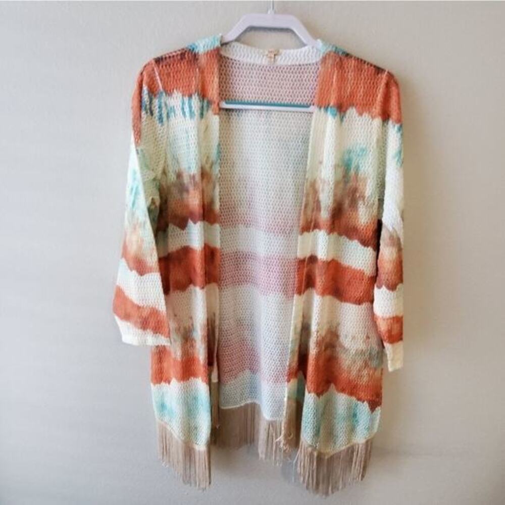 Reba Womens Tie Dye Fringe Open Knit Cardigan Orange Teal Size Large Made in USA